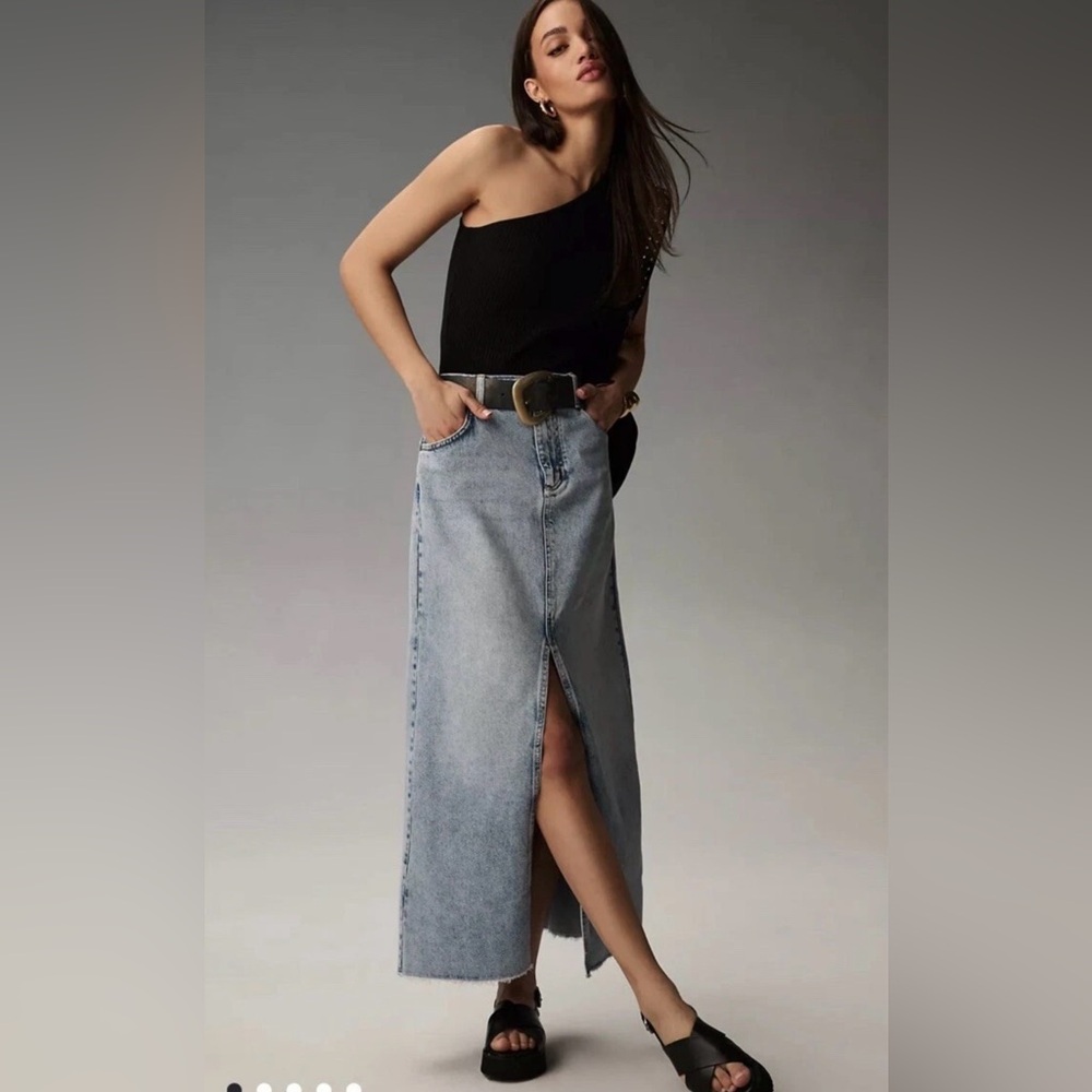 Anthropologie Pilcro Madi Front Slit Denim Maxi Skirt Fray Sky Size 8